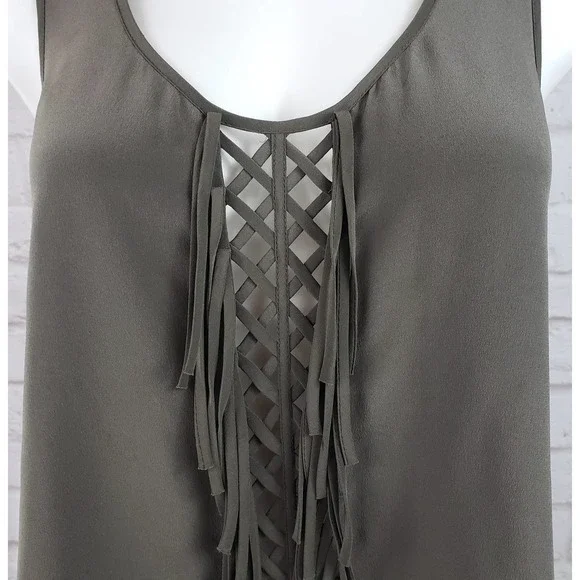 BCBGMaxAzria Mura Top/Tank ~ Dark Green/Olive Fringed 100% Silk ~ Size Small - Picture 4 of 9